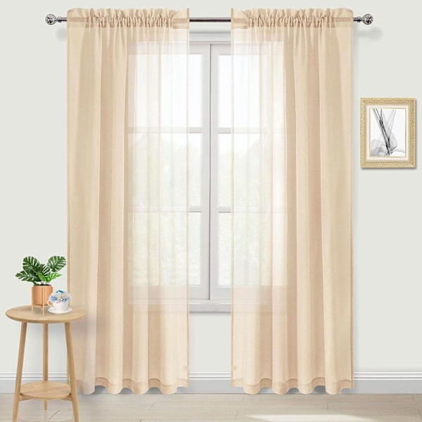 Beige Tyllgardiner Halvtransparenta Tyllstångsgardiner för Sovrum och Vardagsrum, 137 x 213 cm Långa, Set med 2
