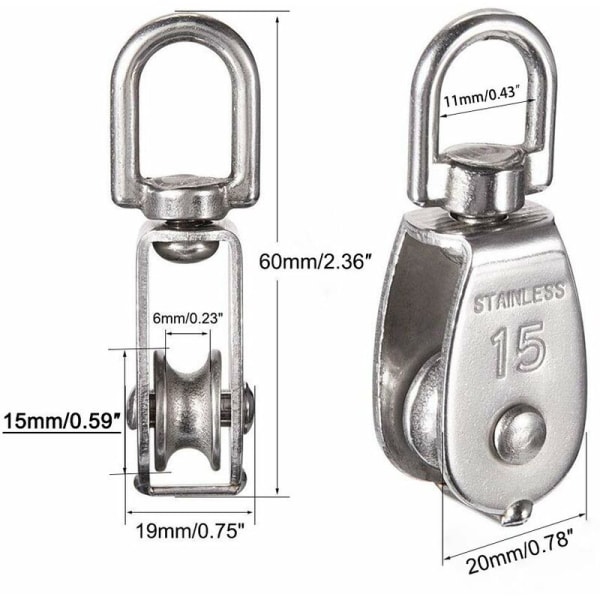 M15 304 rustfritt stål enkelt trinse, 15MM enkelt trinse blokkrulle, kranepivot glatt krok wire tau kabel lasting 77lbs / 35Kg (12 stykker)