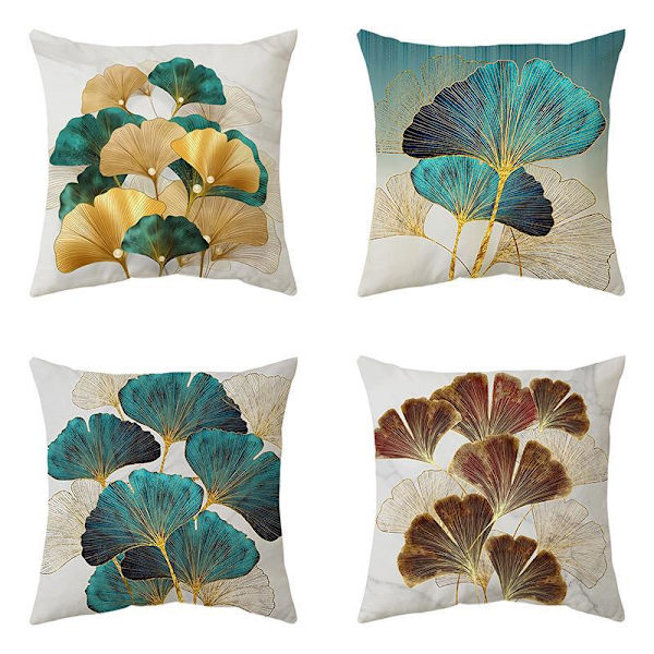 4 Dekorativa Ginkgo Blad Tryckta Kuddfodral 45 x 45 Linne Djungel Överkast Kuddfodral Guld Gul Bondgård Naturliga Kuddfodral 18x18 Soffa Cus