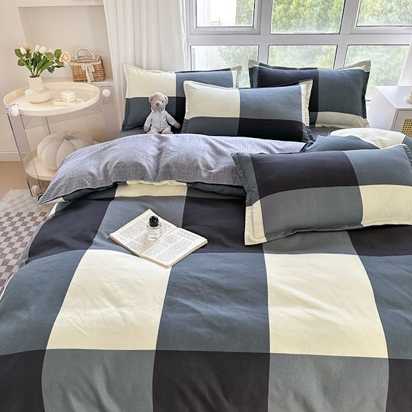 Bomull Rutete Queen Size Bomull Dynetrekk Queen Size Geometrisk Mønster Dynetrekk Putetrekk Sett Reversibel Beige Khaki Grå Svart Rutete 4 Deler B