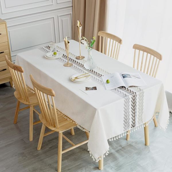 Rektangulär bordsduk i linne och bomull, 140x240 cm, med tofsar, elegant bordsduk för köksbordsdekoration