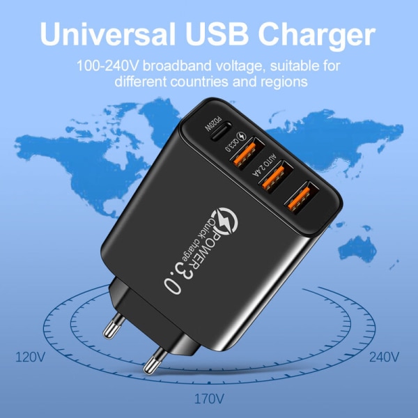 Snabbladdare 3.0 USB-strömadapter och USB C-kabel, QC 3.0 30W/6A 4-portars snabb väggladdare universell multipel USB-strömadapter för Samsung Galaxy S