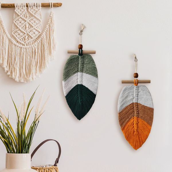 2 st Boho blad väggdekor, chic fjäderblad väggkonstdekor bomull handvävd sovrum vardagsrum lägenhet dekor(stil 1)