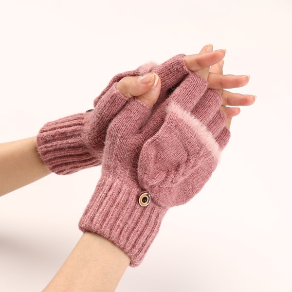 Korta uppfällbara fingerlösa handskar i ylle för kvinnor, varma och moderiktiga stickade halvfingerärmar (rosa)