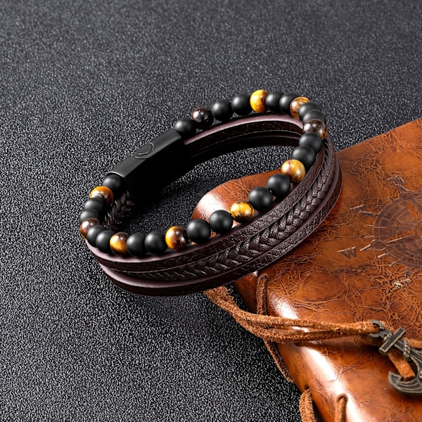 Håndvevd lær Tiger Eye stein armbånd Håndvevd Lava stein perler Menns armbånd gul