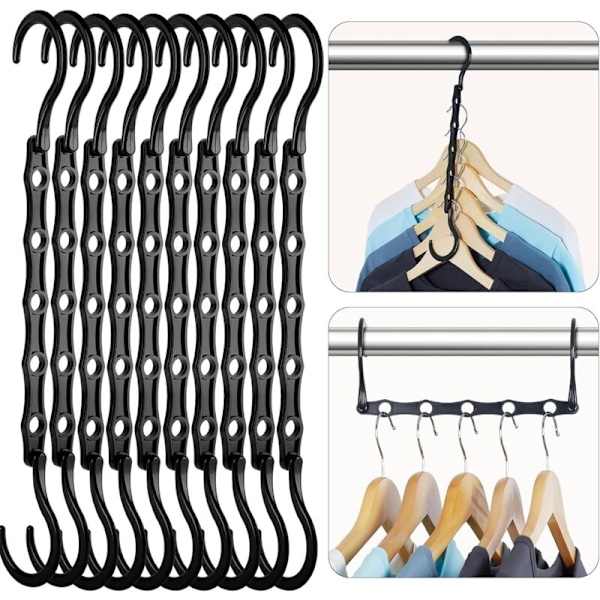 Pakke med 10 Magic Hangers Garderobehenger Organizer Klesoppbevaring Plassbesparende i Skap Svart