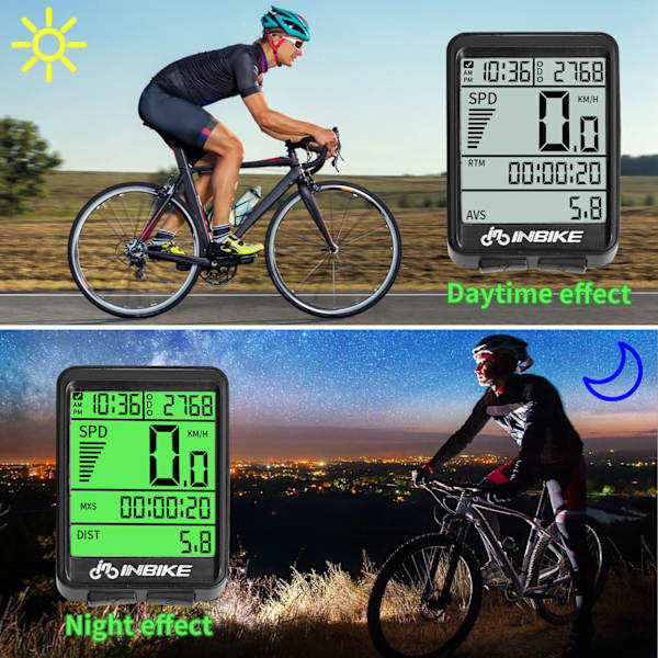 Trådløs cykelcomputer IP54 Trådløs cykelhastighedsmåler med baggrundsbelyst display Hastighed ​​Kilometertal og vejcykelcomputer Cykelstopur