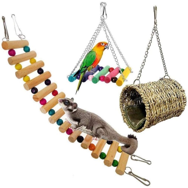 Hamsterleketøy, sett med 3 leker for papegøyer eller hunder. Brostiger, S