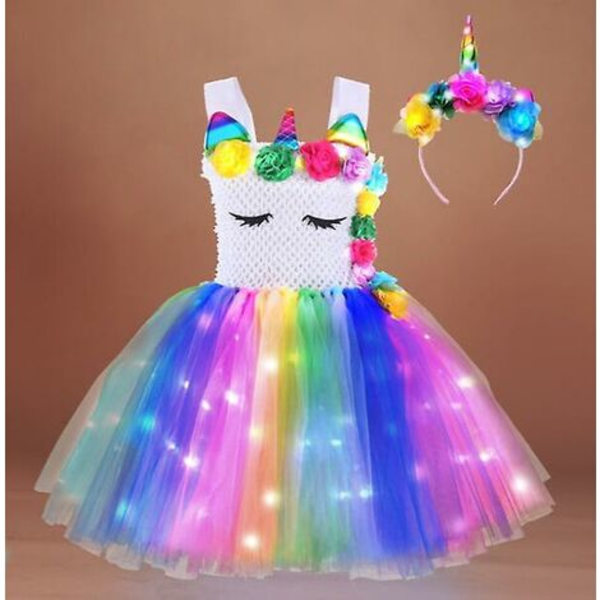Tyttöjen yksisarvinen puku Led-valot yksisarvinen tutu mekko, Halloween-juhla-asu - väri4 90-100cm，HANBING