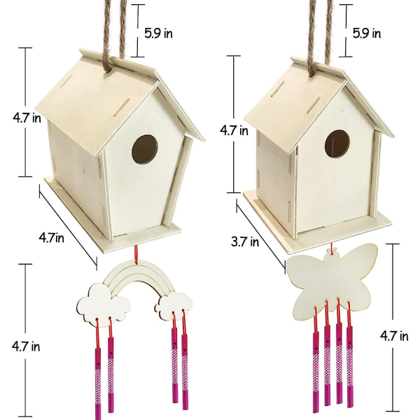 4-pakkaus DIY linnunpönttö tuulikellosetti - Rakenna ja maalaa linnunpönttö puinen taidepaketti Pääsiäiskorin täytelahja 3-5-vuotiaille