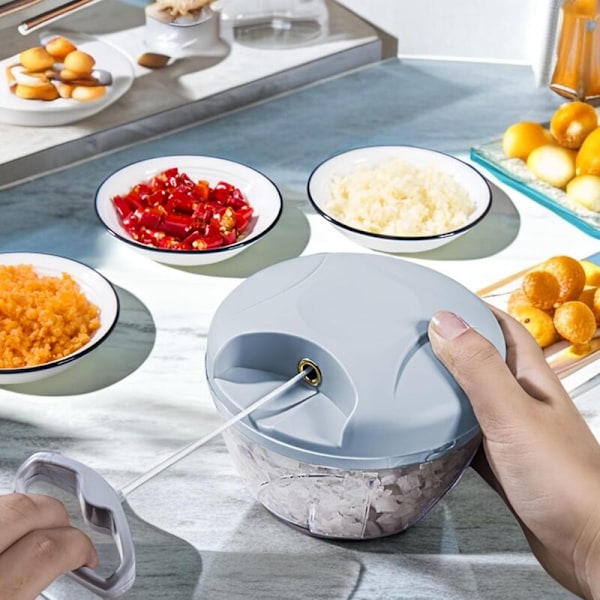 1 stk. mini manuel køkkenhakker, 500 ml manuel løgskærer med træksnor, manuel blender med 3 rustfri stålblade, manuel løgdecoupe, ben