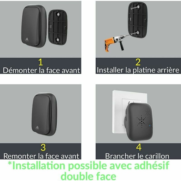 Trådløs ringeklokke uden batteri og vandtæt IP 65 sne fugt regn, sort