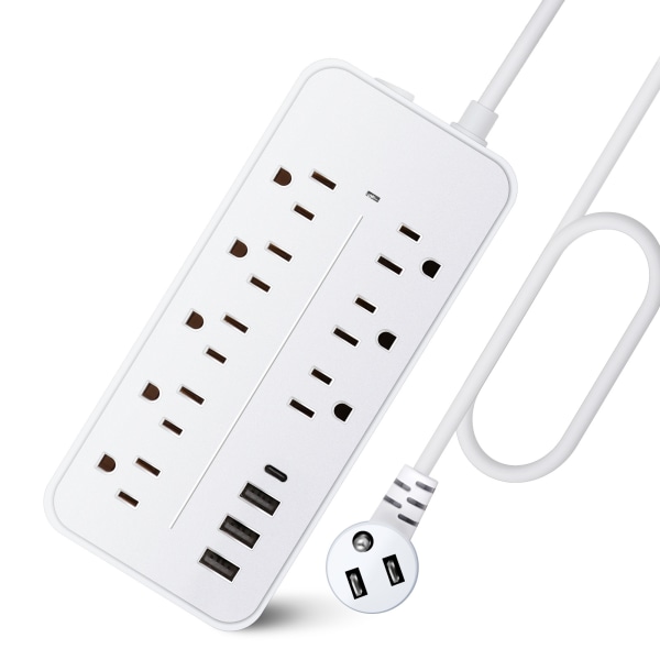 Overspændingsbeskytter strømstrip med 8 AC-udtag og 3 USB-porte (1 USB C) med strømknap - 9,8 fod forlængerledning, ETL-godkendt (hvid)