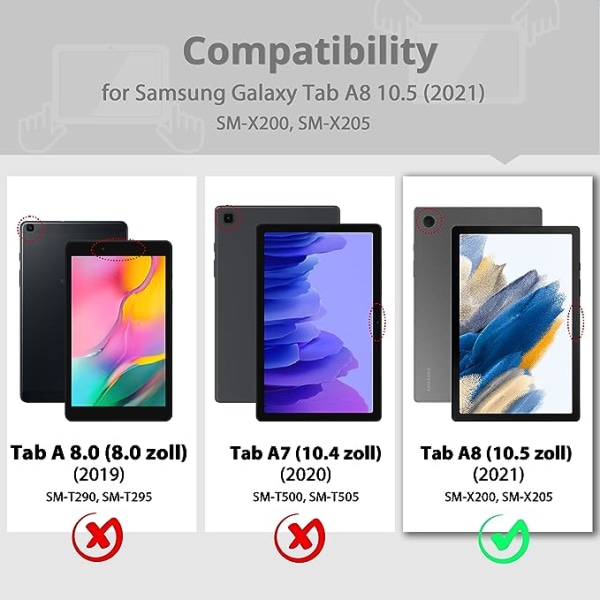 (Musta) Samsung Galaxy Tab A8 10.5-tuumainen 2021 Silikoni Tablet-kotelo (SM-X205N/X200N), ultraohut kuori, PU-nahkakotelo pidikefunktiolla, sopiva