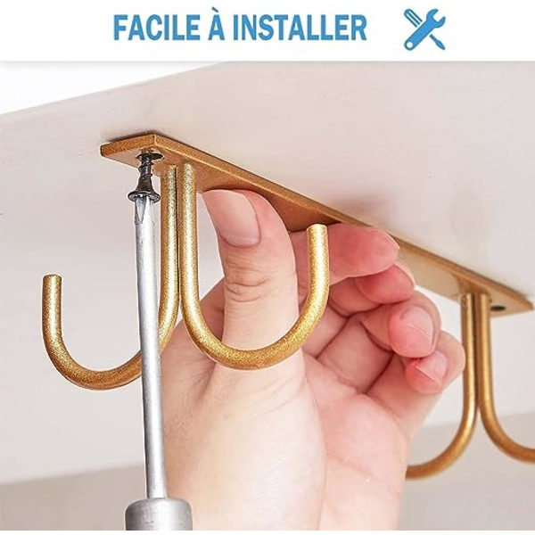 Kaffe Gull, Hengekoppholder under skap, Metall Oppbevaringskroker under skap, Hylle, Skap, med 4 skruer, Sett med 3 holdere for kopper, krus, Bie