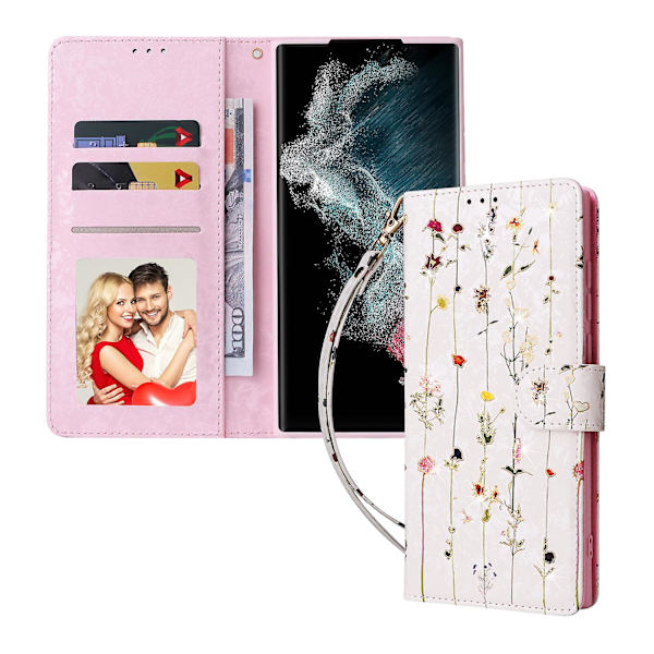 Magnetiskt plånboksfodral med flipp, kompatibelt med Samsung Galaxy S23 Ultra, bronsblommor i PU-läder med snodd