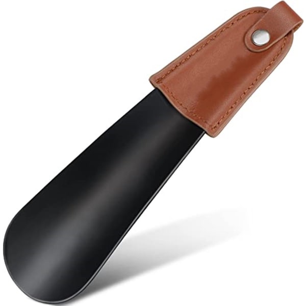 (Svart) Skohorn i rustfritt stål - Liten 16 cm skohorn i metall med lett etui i skinn, perfekt for reiser