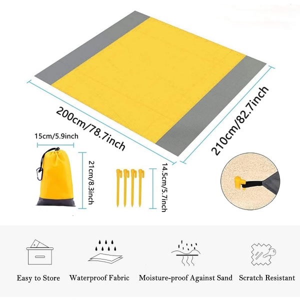 Picnic tæppe 200x210cm (Gul) Ultralet strandtæppe Vandtæt udendørs strandmadras, camping, bærbart og hurtigtørrende.