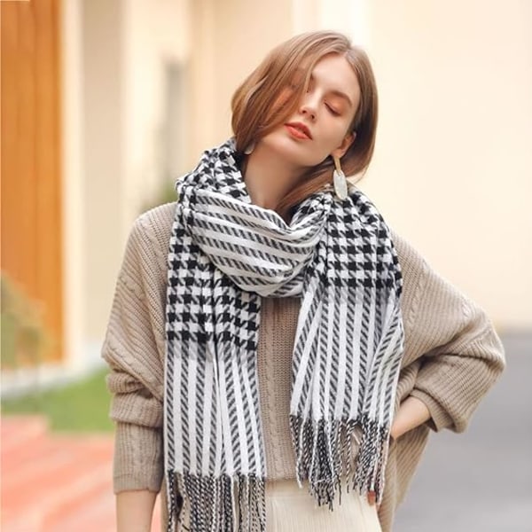 Dames Mode Lang Sjal Sort og Hvid Gitter Vinter Varmt Gitter Tørklæde, Super Blødt Klassisk Cashmere Følelse Ternet Vintertørklæde