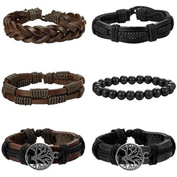 6-delt sæt af læderarmbånd til mænd (sort og brun) med krøllede kanter, kvast træperler, etnisk og tribal religiøs charme