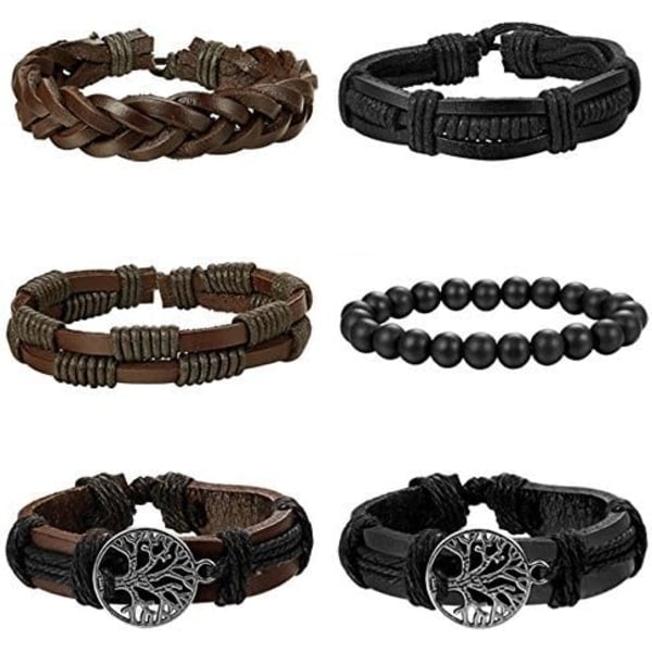 6-piece set of men's leather bracelets (black and brown) with curled edges, tassel wood beads, ethnic and tribal religious charm