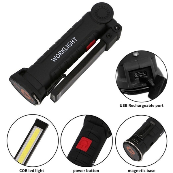 Sammenklappelig arbejdslampe USB genopladelig vedligeholdelse Cob Auto reparation lampe med magnet Led, stor størrelse