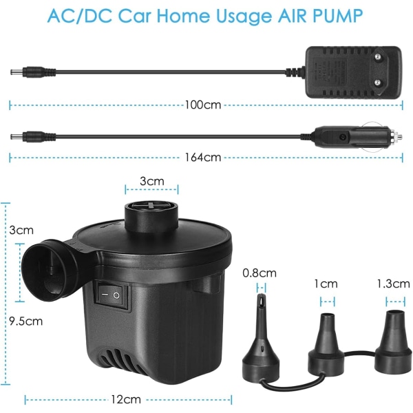 Elektrisk pump, luftpump uppblåsare/deflator med 3 munstycken, elektrisk pump för madrass, campingkudde, vattenmadrass, båt, simring