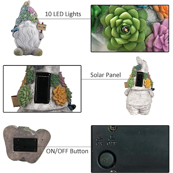 Hagegnomstatuer - Solcelledrevne Dekorative Lys - 10 Varme Hvite LED-lys