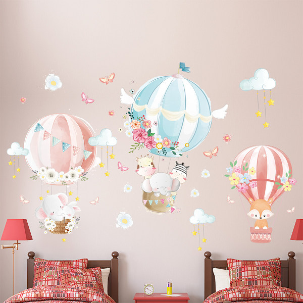 Hot Air Balloon Wall Sticker Cartoon Animal Wall Decal Fox Elephant Butterfly Wall Decor DIY Vinyl Mural Art For Kids Baby Nursery