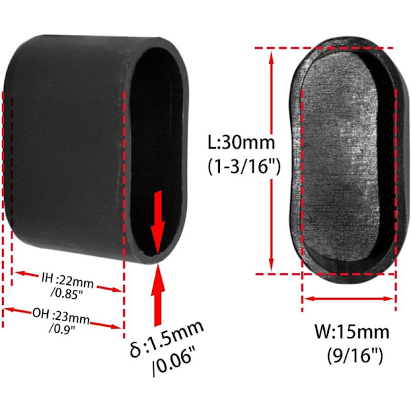 Set med 16 OVALA PLAST GOLV MÖBELSKYDD, svarta, 1,5 x 3,0 cm, 15 x 30 mm