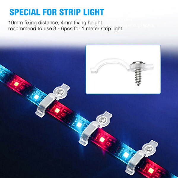 100 st LED-remsmonteringsklämmor, inklusive LED-remsmonteringsfäste, transparenta LED-remsljusmonteringsklämmor, med skruvar