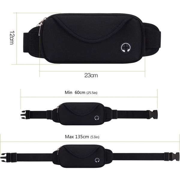 Women Men Black Sports Waist Bag Waterproof Running Belt Bag Pouch Running Belt Adjustable for Money Passport Tickets Mobile Phone, Suitable for Cli