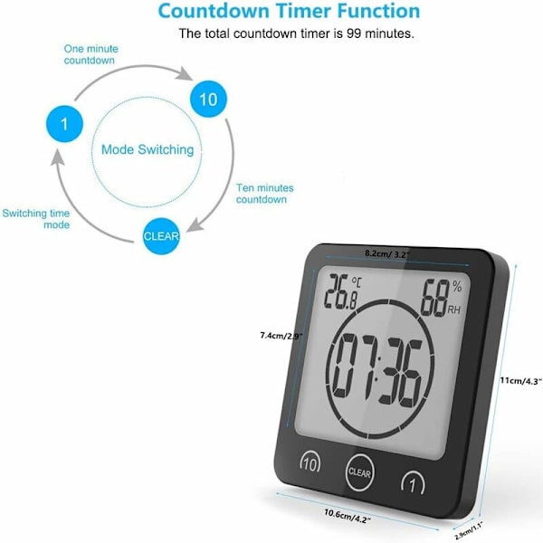 Vanntett baderomsklokke veggklokke termohygrometer svart