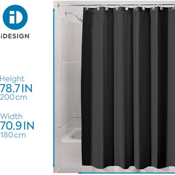 Duschdraperi, vattentätt duschdraperi i polyester med förstärkt fåll, tvättbart badrumsdraperi 180,0 cm x 200,0 cm, svart