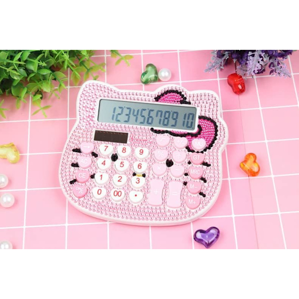 Sød lommeregner (Pink) Krystal katteform til piger og kvinder, stort LCD-display, dobbelte harddiske med solenergi og batteri til skole, kontor, hjem