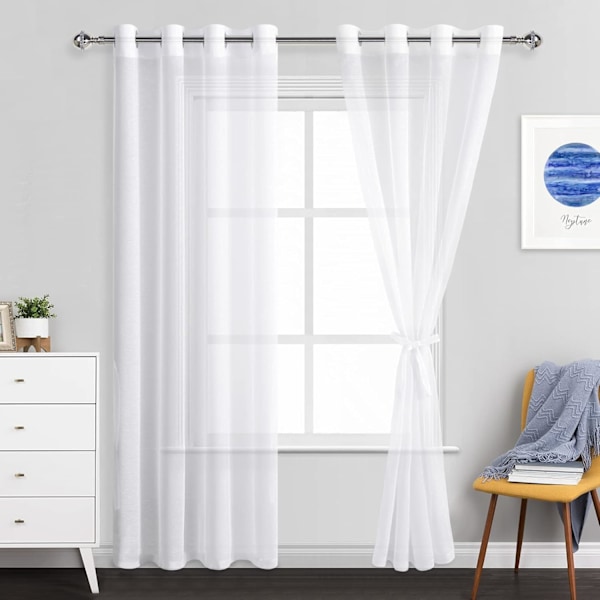 Vita Skira Gardiner 213 cm Långa - Öljetter Halvskira Paneler (Set om 2) - 132 cm Breda med Band för Sovrum & Vardagsrum