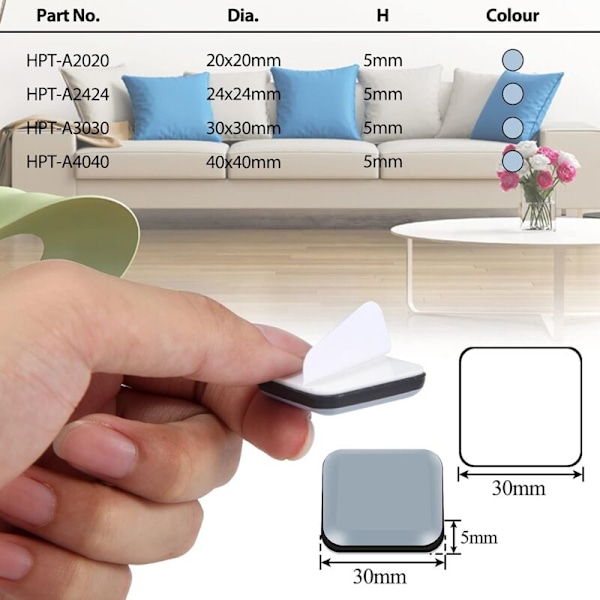 Møbelpuder, 18 PTFE PTFE TEFLON Selvklæbende Glidende Firkantede Møbler Tilpasset til Glatte Folder og Tæpper (Firkantet, 30x30mm)