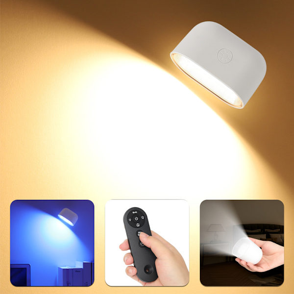 Vägglampa, touch-fjärrkontrolllampa, 7 färgtemperaturer och 5 ljusstyrkenivåer, 360-graders roterande kula, inbyggt 2500mAh batteri (vit)