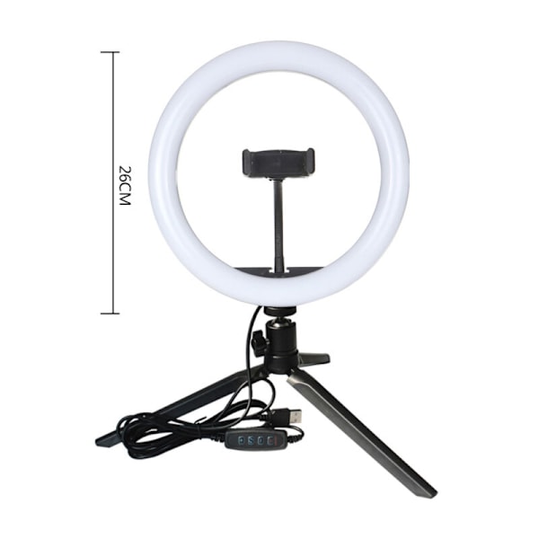 Rund LED-lampa för selfie med mini-stativ, USB-strömförsörjning, 10 justerbara ljusstyrkenivåer, variabel intensitet, färgtemperaturändring, 360° rotation