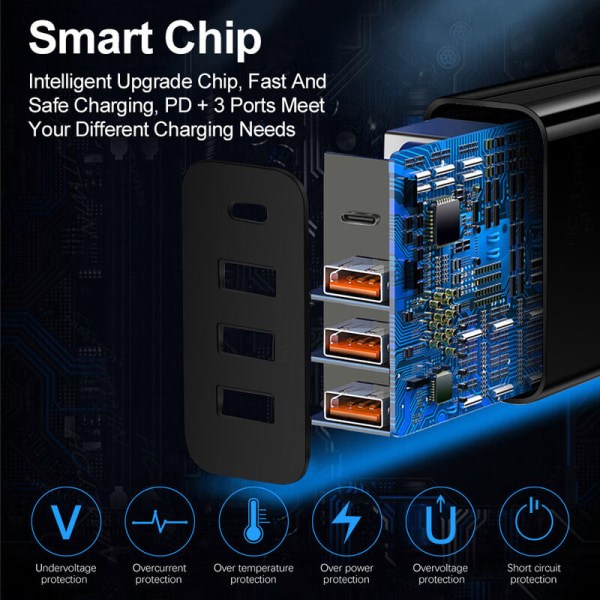 Hurtig oplader 3.0 USB-strømadapter og USB C-kabel, QC 3.0 30W/6A 4-port hurtig vægoplader universel multi-USB-strømadapter til Samsung Galaxy S1