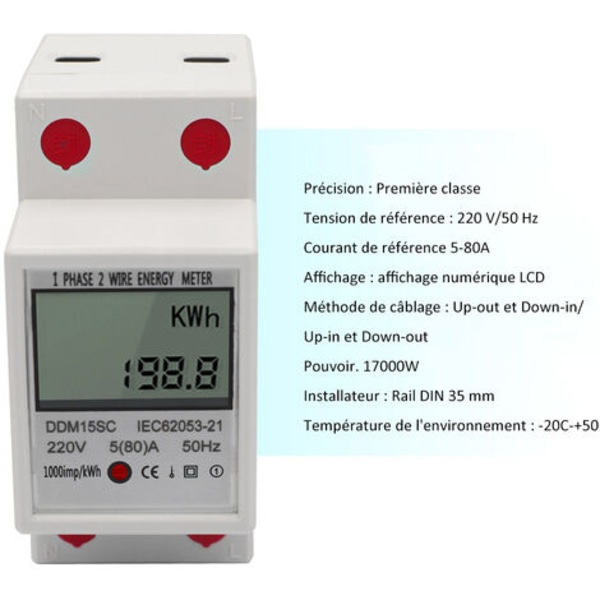 DDM15SC 1-faset multifunktions skinnemåler elektrisk energimåler 220V/50Hz 5-80A (Har CE-certificering)
