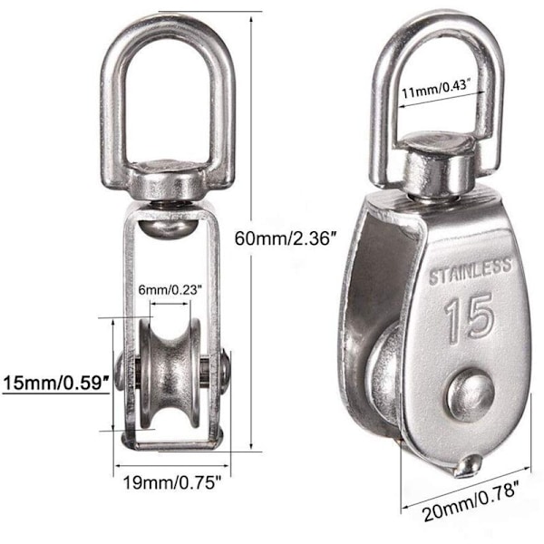 M15 Enkel trissa i rostfritt stål 304, 15mm Endast trissor Rullblock, kran kran slät krok rep kabel lastkapacitet 35kg (12 stycken)