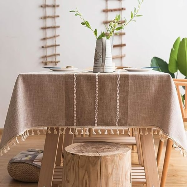 (Fashion Brun, Fyrkantig, 140 x 140 cm, 4 platser)Fyrkantig Bordsduk Bomull och Linnetyg Bordsduk med Tassel Tvättbar BordsdukModern för Kitche
