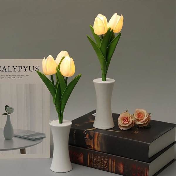 2 Pak Stilfulde Tulipan Blomster Bordlampe, 3 Stilke Hvid Tulipan LED Nattelys, Simulation Potte Nattelys Fødselsdag Ferie Fest Bryllup Værelse Dekoration