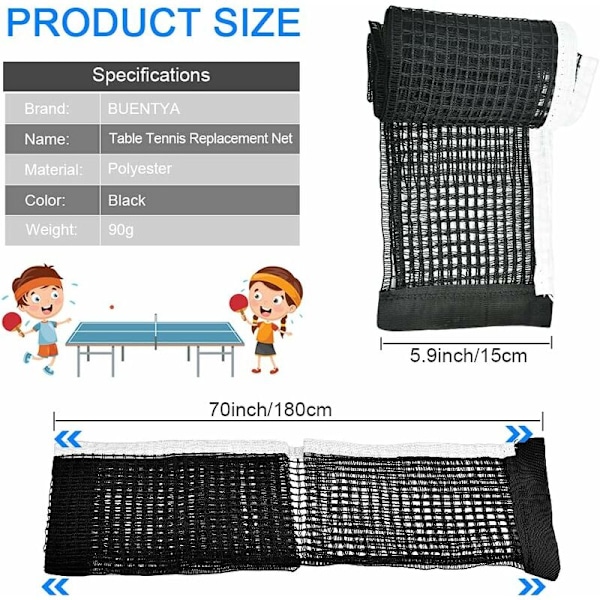 2 stk. Udtrækkeligt Tennisnet Ping-Pong Net Justerbart Polyester Net Bordtennis Bord Udskiftning 180 15cm Reservedel Bordtennis (sort)