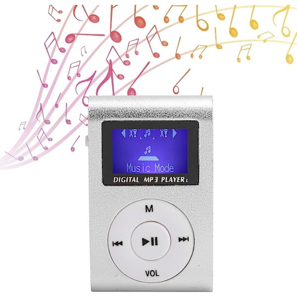 Mini MP3-afspiller, (sølv), Mini bærbar sports-MP3-afspiller med bagklips + LCD-skærm, understøtter op til 32 GB hukommelseskort