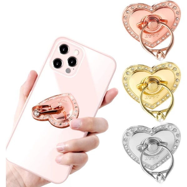 Set med 3 hjärtformade telefonringhållare (roséguld, guld, silver) metall strass 360 graders vridbar ring för alla smartphones