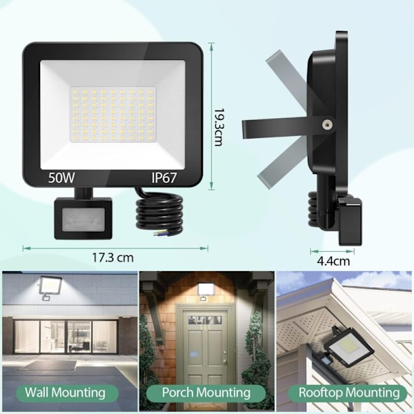 50W Udendørs LED Projektør med Bevægelsessensor, IP67 Vandtæt LED Spot med Sensor, 5000LM 7000k Hvidt Koldt Lys Udendørs Lampe, Udendørs lampe til