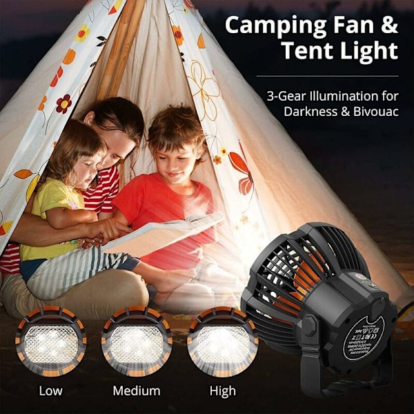 Stille Bærbar Vifte med Oppladbart Batteri LED, USB Campingvifte med Roterbar Krok, 3 Hastighetsjustering Fjernkontroll for Utendørs Innendørs Bord