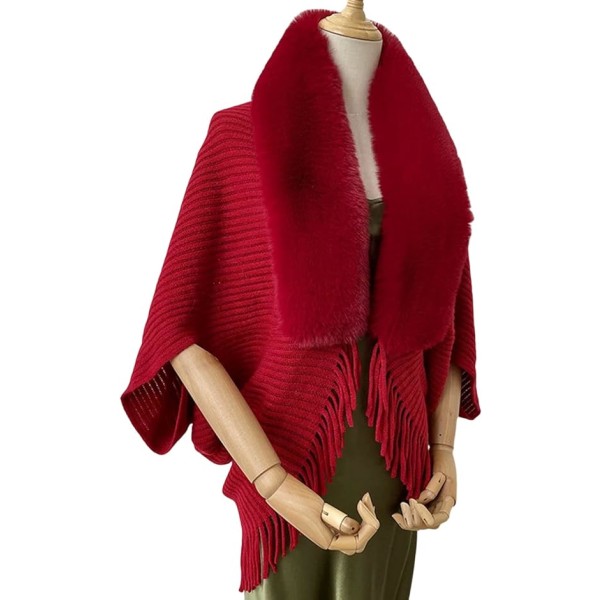 Stickad tjock damlös sjal poncho cape vändbar överdimensionerad lång stickad varm wrap för kvinnor damer på vintern (röd)